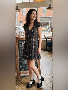 Aeropostale Black Floral Button - Front Mini Dress - Cap Sleeve - Size S